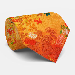 RED YELLOW FLOWERS,LEAVES ANTIQUE JAPANESE FLORAL NECK TIE