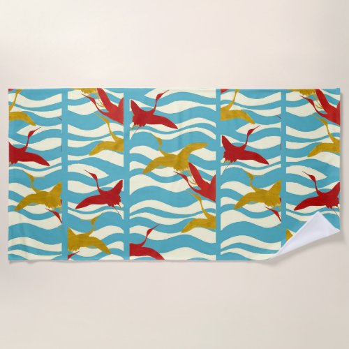 RED YELLOW FLYING CRANES ON WHITE BLUE SEA WAVES B BEACH TOWEL
