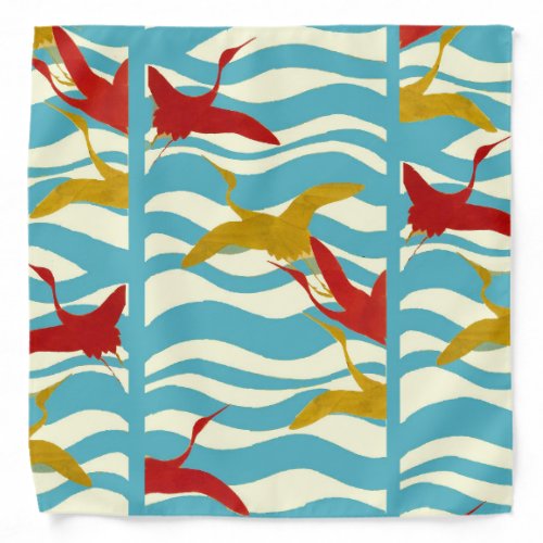 RED YELLOW FLYING CRANES ON WHITE BLUE SEA WAVES BANDANA