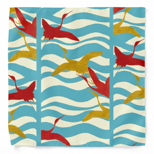 RED YELLOW FLYING CRANES ON WHITE BLUE SEA WAVES BANDANA (Front)