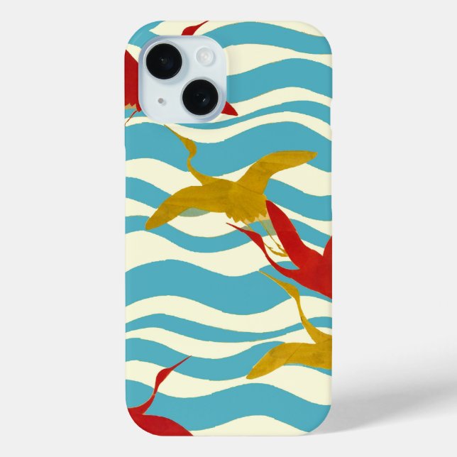 RED YELLOW FLYING CRANES ON WHITE BLUE SEA WAVES Case-Mate iPhone CASE (Back)