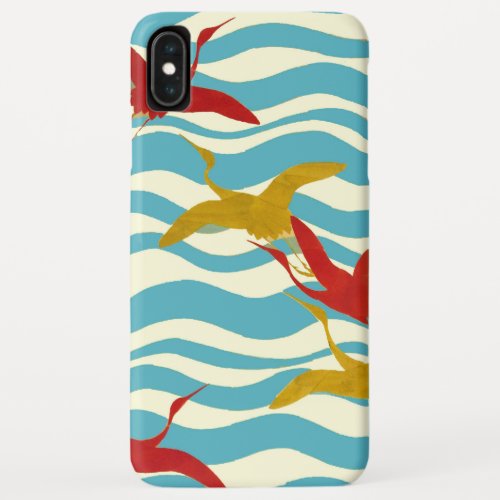 RED YELLOW FLYING CRANES ON WHITE BLUE SEA WAVES iPhone XS MAX CASE