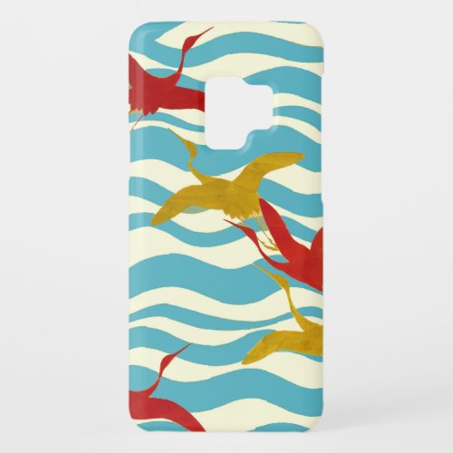 RED YELLOW FLYING CRANES ON WHITE BLUE SEA WAVES Case_Mate SAMSUNG GALAXY S9 CASE