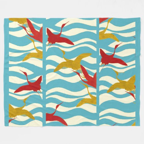 RED YELLOW FLYING CRANES ON WHITE BLUE SEA WAVES FLEECE BLANKET