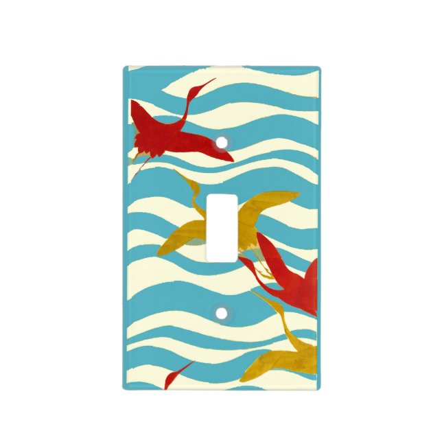 RED YELLOW FLYING CRANES ON WHITE BLUE SEA WAVES LIGHT SWITCH COVER (Front)