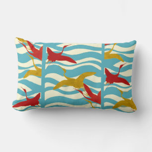 RED YELLOW FLYING CRANES ON WHITE BLUE SEA WAVES LUMBAR PILLOW