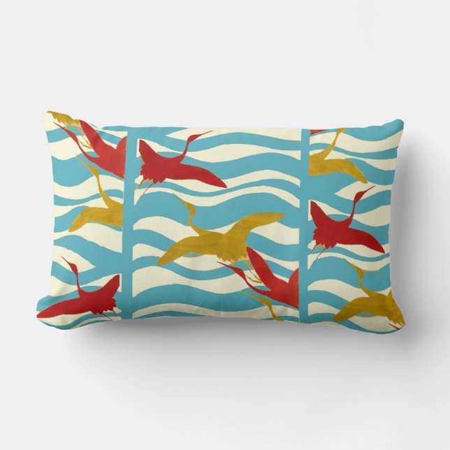 RED YELLOW FLYING CRANES ON WHITE BLUE SEA WAVES LUMBAR PILLOW (Front)