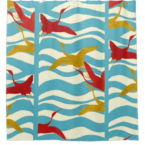RED YELLOW FLYING CRANES ON WHITE BLUE SEA WAVES  SHOWER CURTAIN