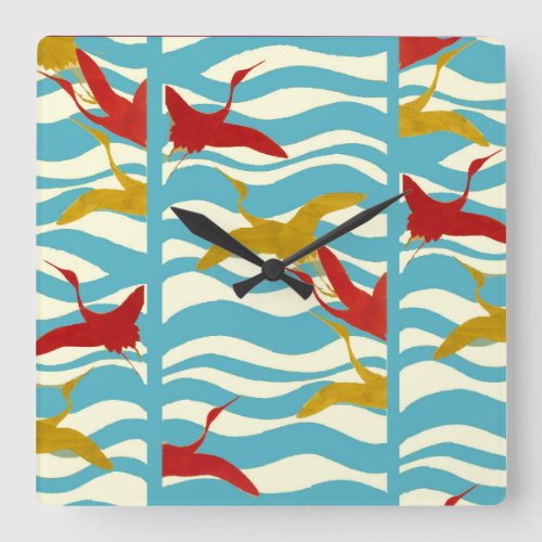 RED YELLOW FLYING CRANES ON WHITE BLUE SEA WAVES SQUARE WALL CLOCK