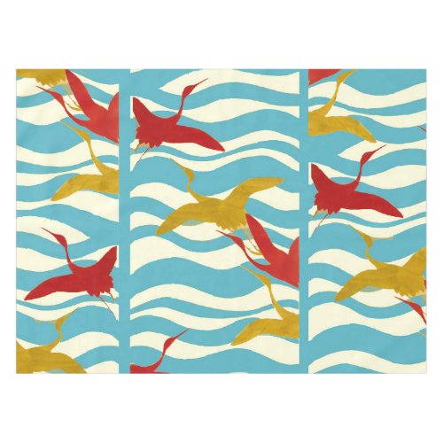 RED YELLOW FLYING CRANES ON WHITE BLUE SEA WAVES TABLECLOTH