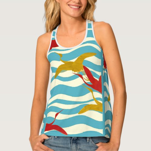 RED YELLOW FLYING CRANES ON WHITE BLUE SEA WAVES  TANK TOP