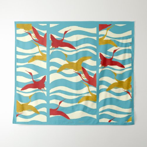 RED YELLOW FLYING CRANES ON WHITE BLUE SEA WAVES  TAPESTRY