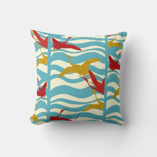 RED YELLOW FLYING CRANES ON WHITE BLUE SEA WAVES THROW PILLOW