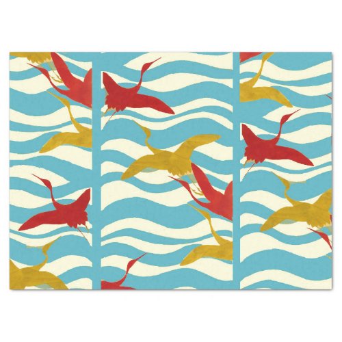 RED YELLOW FLYING CRANES ON WHITE BLUE SEA WAVES TISSUE PAPER