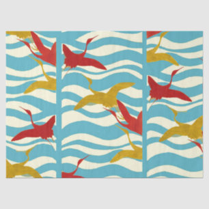 RED YELLOW FLYING CRANES ON WHITE BLUE SEA WAVES TISSUE PAPER