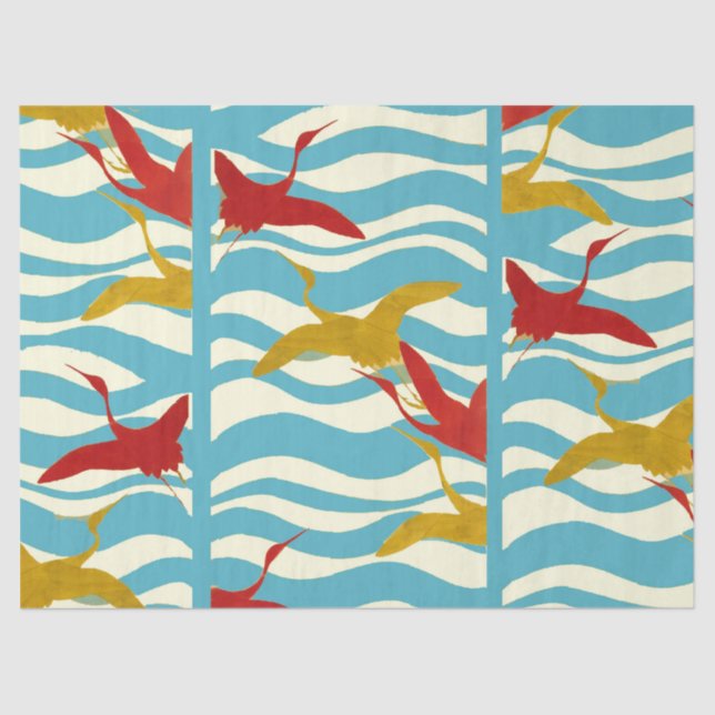 RED YELLOW FLYING CRANES ON WHITE BLUE SEA WAVES TISSUE PAPER (Front)
