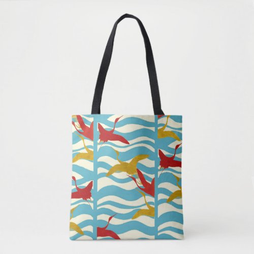 RED YELLOW FLYING CRANES ON WHITE BLUE SEA WAVES TOTE BAG