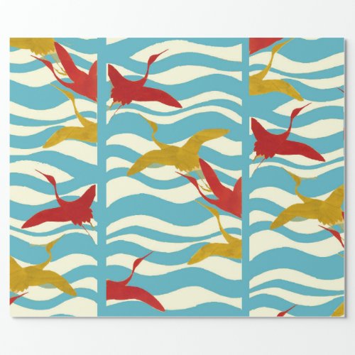 RED YELLOW FLYING CRANES ON WHITE BLUE SEA WAVES WRAPPING PAPER