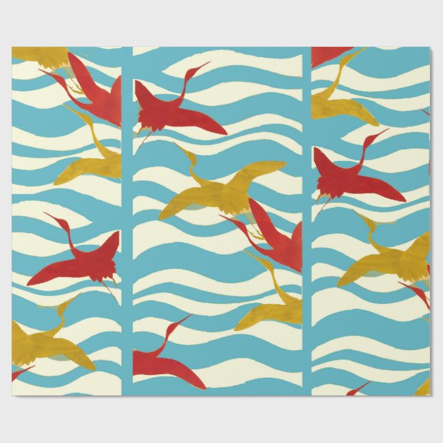 RED YELLOW FLYING CRANES ON WHITE BLUE SEA WAVES WRAPPING PAPER (Flat)