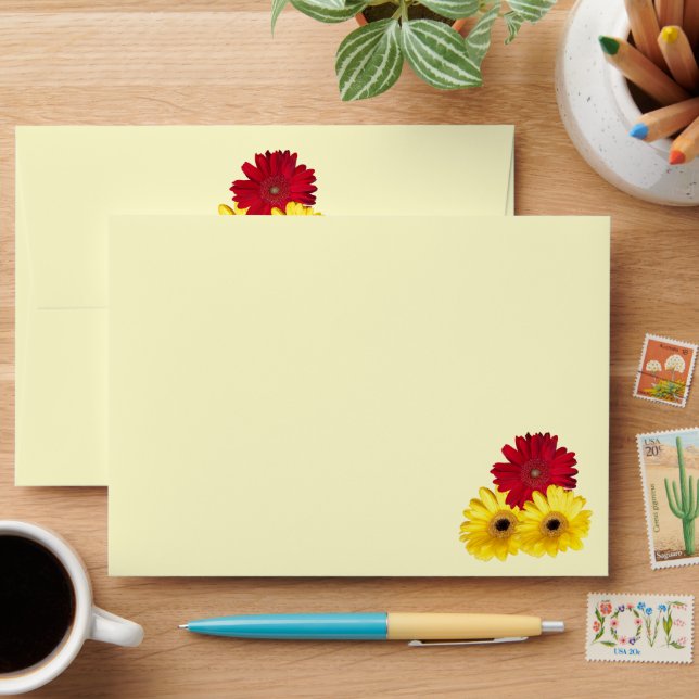 Red Yellow Gerber Daisy Outside Inside Photo Envelope (Desk)
