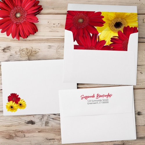 Red Yellow Gerber Daisy Photo Front and Inside Envelope