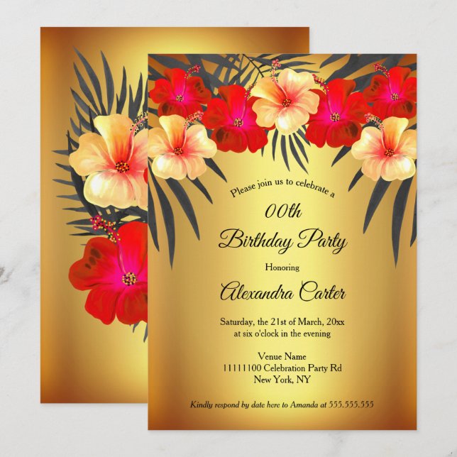 Red Yellow Gold Black Palm Hibiscus Birthday Party Invitation (Front/Back)