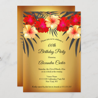 Red Yellow Gold Black Palm Hibiscus Birthday Party Invitation