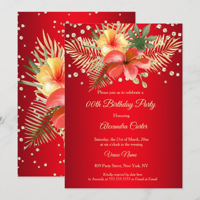 Red Yellow gold palms floral Birthday Invitation (Front/Back)