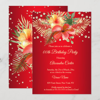 Red Yellow gold palms floral Birthday Invitation