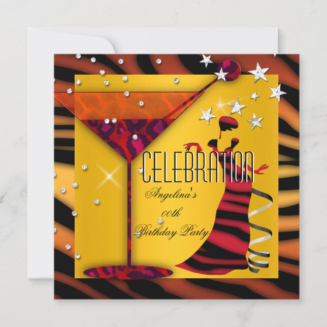 Red Yellow Gold Zebra Glass Deco Lady Party Invitation (Front)