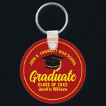 Red Yellow Graduate Custom 2025 Graduation Keychain<br><div class="desc">This modern red and yellow custom senior graduate keychain features your high school or college name for the class of 2025. Customize with your graduating year under the chic handwritten script and black grad cap for a great personalized graduation key chain gift.</div>