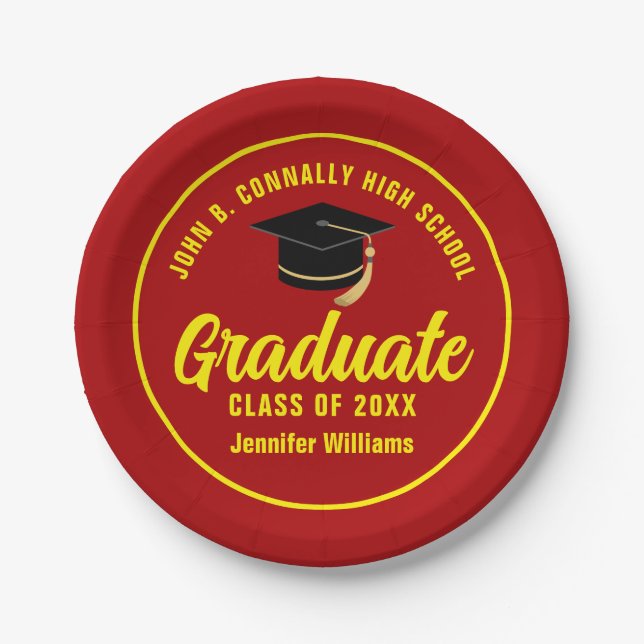 Red Yellow Graduate Custom Graduation Party Paper Plates (Front)