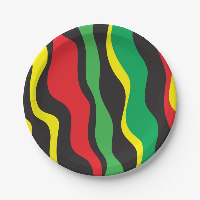 Red Yellow Green Black Rasta Wave Party Paper Plates (Front)