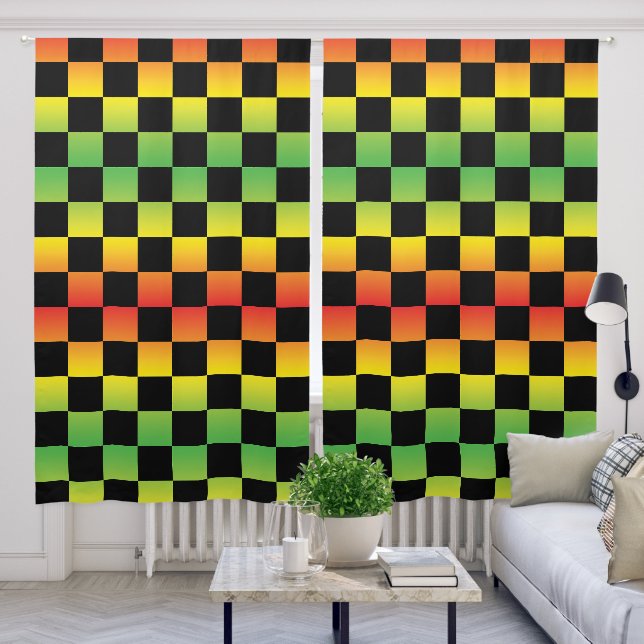 Red Yellow Green Rasta Ombre Checkerboard Blackout Curtains (Living Room)