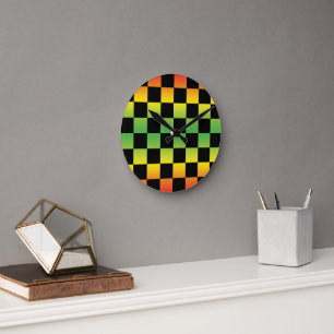Red Yellow Green Rasta Ombre Checkerboard Round Clock