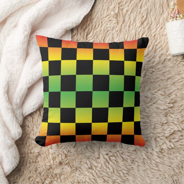 Red Yellow Green Rasta Ombre Checkerboard Throw Pillow (Blanket)