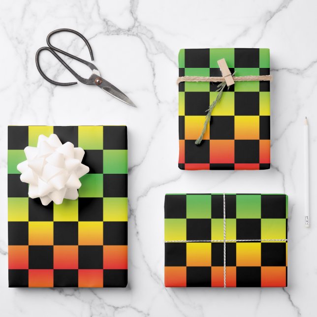 Red Yellow Green Rasta Ombre Checkerboard Wrapping Paper Sheets (Front)