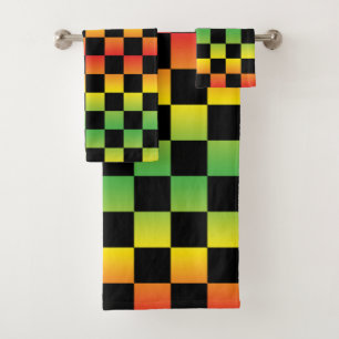 Red Yellow Green Rasta Ombre Checkered Bath Towel Set