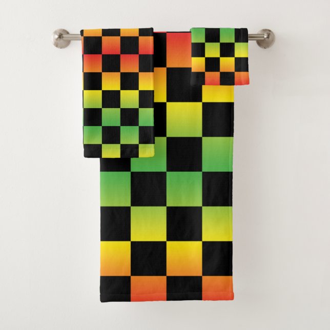  Red Yellow Green Rasta Ombre Checkered Bath Towel Set (Insitu)
