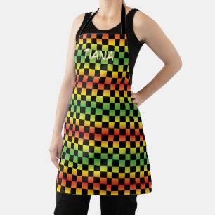 Red Yellow Green Rasta Ombre Checkered Monogram Apron
