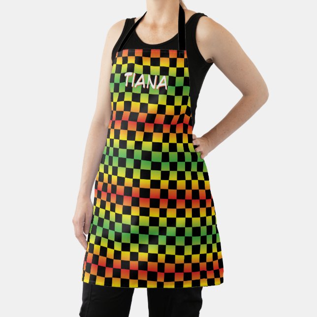  Red Yellow Green Rasta Ombre Checkered Monogram Apron (Insitu)