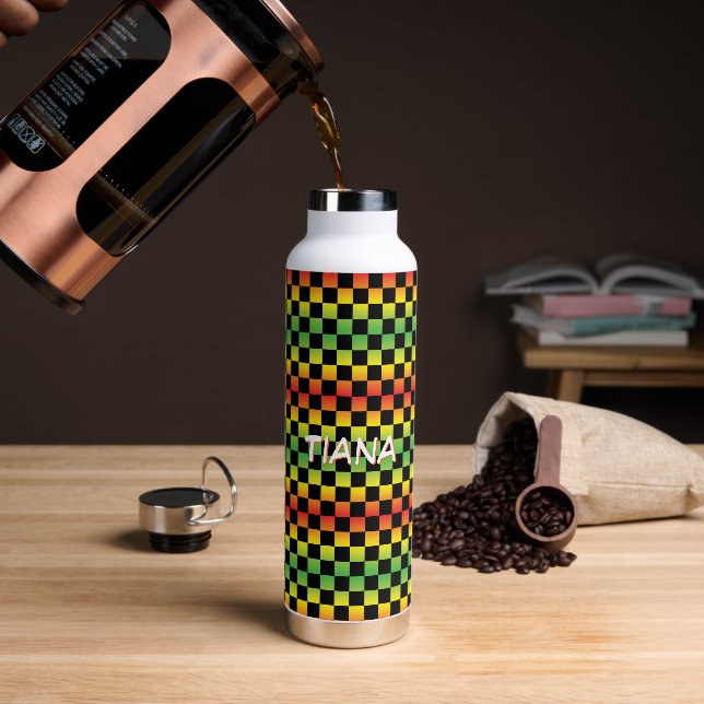  Red Yellow Green Rasta Ombre Checkered Monogram Water Bottle (Coffee)