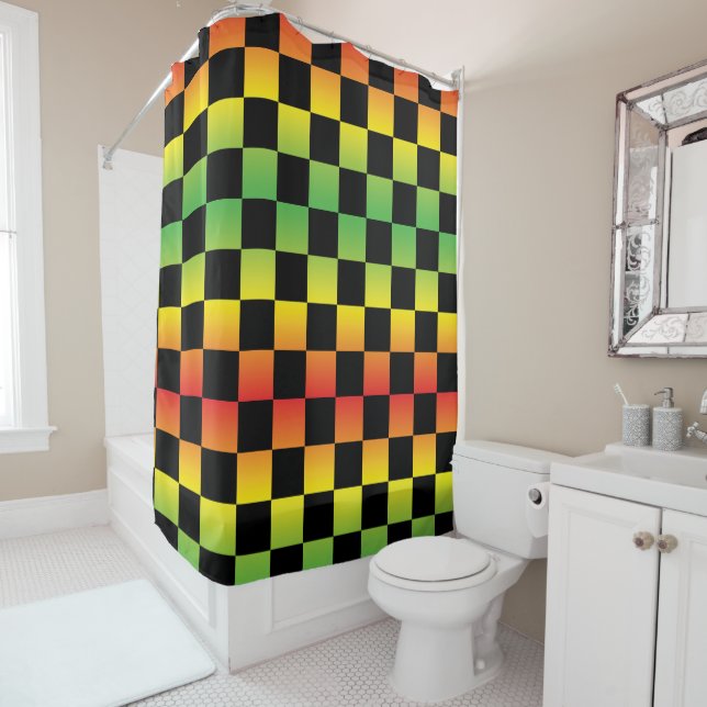  Red Yellow Green Rasta Ombre Checkered Shower Curtain (In Situ)