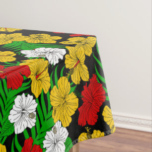 Red Yellow Green Tropical Hibiscus Flowers Tablecloth