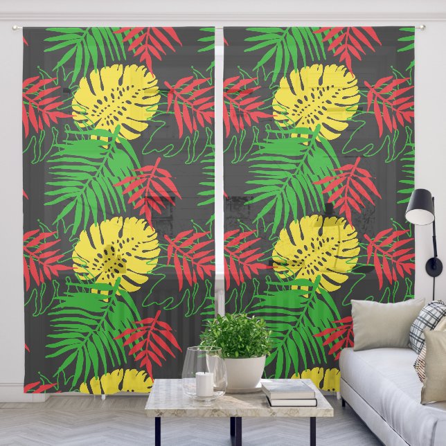 Red Yellow Green Tropical Palm Leaves Black Sheer Curtains (Living Room)
