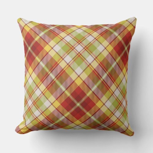 Red Yellow Green  White Fall Colors Plaid Throw Pillow