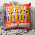 Red Yellow Hanukkah Menorah Peace Love  Light Bold Throw Pillow<br><div class="desc">“Peace, love & light.” A close-up photo of a bright, colorful, red orange and yellow gold artsy menorah helps you usher in the holiday of Hanukkah in style. Feel the warmth and joy of the holiday season whenever you relax on this stunning, colorful Hanukkah throw pillow. Makes a striking set...</div>