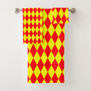 Red Yellow Harlequin Checkered Design Bath Towel Set