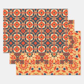 Red Yellow Indigo Ethnic Geometric Mosaic Patterns Wrapping Paper Sheets
