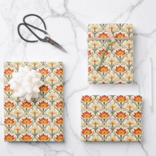 Red / Yellow / Ivory Art Nouveau Flowers Wrapping Paper Sheets